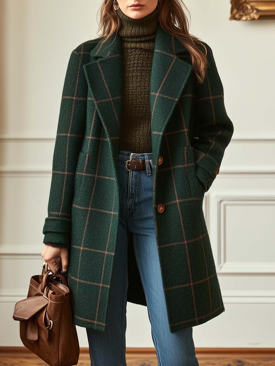 Grace | Retro Lapel Plaid Tweed Coat