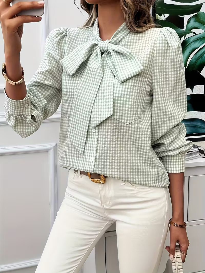 Meella | Elegant Gingham Check Bow Tie Blouse